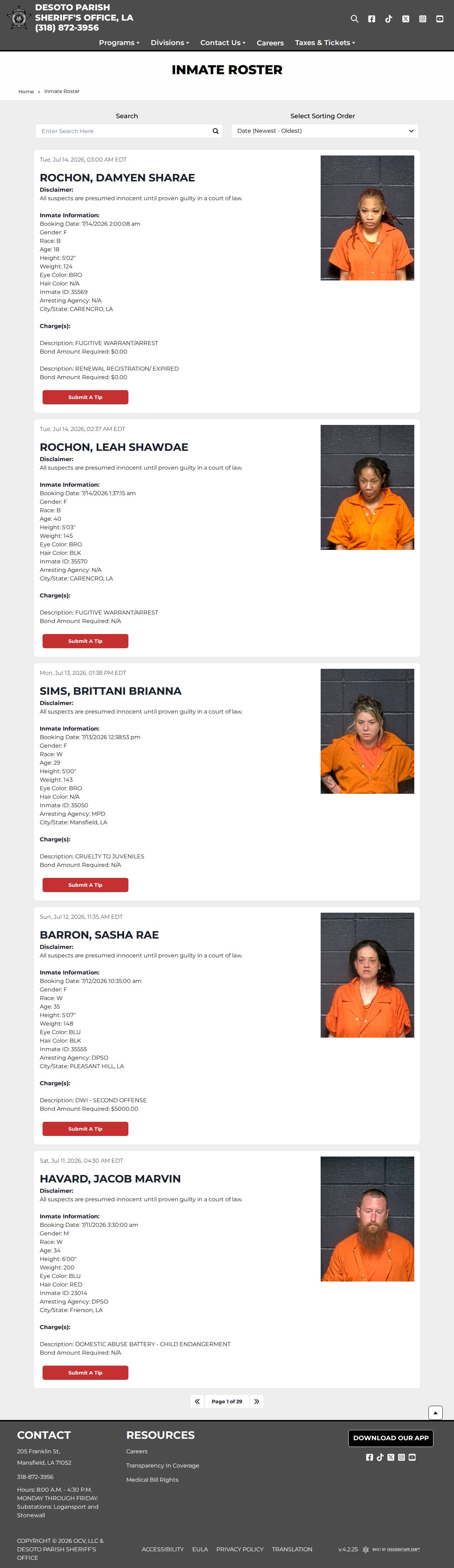 DeSoto Parish current roster used to begin a released inmate search