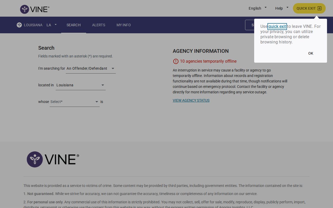 Louisiana VINELink person search for a DeSoto Parish VINE inmate check