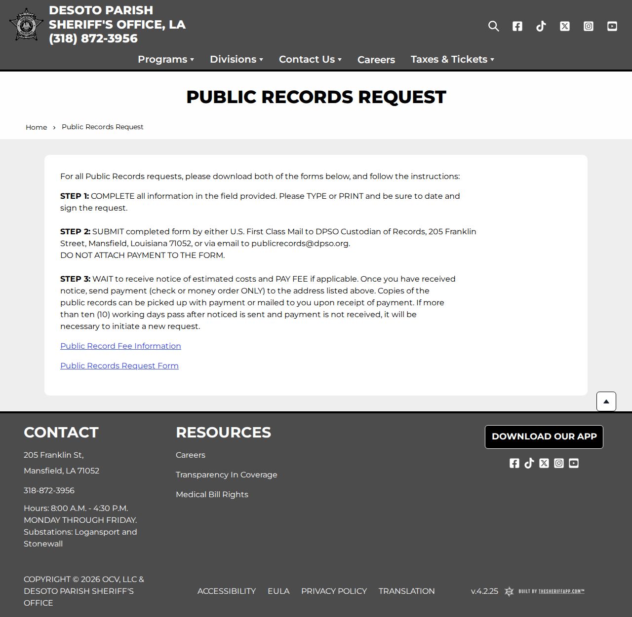 DeSoto Parish release record request instructions